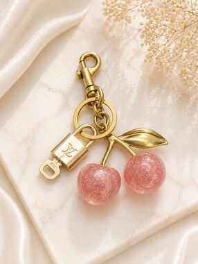 Authentic Louis Vuitton Gold Lock & Key with Unbranded Pink Cherry Bagcharm